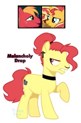 Size: 797x1218 | Tagged: safe, artist:boyebudgie, imported from derpibooru, big macintosh, sunset shimmer, oc, oc:melancholy drop, earth pony, pony, base used, choker, ear piercing, earring, female, jewelry, male, nose piercing, nose ring, offspring, parent:big macintosh, parent:sunset shimmer, parents:shimmermac, piercing, raised hoof, shimmermac, shipping, simple background, stallion, straight, white background