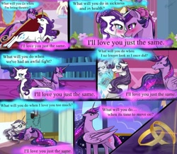 Size: 1024x891 | Tagged: safe, artist:thebrightesttwilight, imported from derpibooru, rarity, twilight sparkle, alicorn, pony, unicorn, the last problem, blushing, comic, crying, fainting couch, female, immortality blues, implied death, lesbian, lesbian wedding, marriage, older, older rarity, princess twilight 2.0, rarilight, ring, sad, shipping, tears of joy, teary eyes, twilight sparkle (alicorn), twilight will outlive her friends, wedding, wedding ring