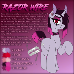 Size: 3450x3450 | Tagged: safe, artist:niggerdrawfag, imported from derpibooru, oc, oc only, oc:razor wire, pony, unicorn, choker, dock, dyed mane, dyed tail, ear piercing, earring, eyeliner, eyeshadow, female, horn, jewelry, looking at you, makeup, mare, piercing, raised hoof, slit eyes, slit pupils, solo, standing