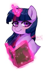 Size: 613x870 | Tagged: safe, artist:riukime, imported from derpibooru, twilight sparkle, pony, book, bust, female, glowing horn, horn, looking at you, magic, mare, signature, simple background, smiling, solo, telekinesis, white background