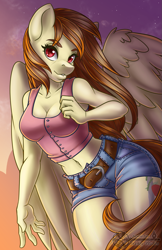 Size: 825x1275 | Tagged: safe, artist:bumblebun, imported from derpibooru, oc, oc only, anthro, pegasus, 2020, 2020s, belly button, belt, breasts, clothes, denim shorts, female, large wings, looking at you, mare, patreon, prize, red eyes, sexy, shorts, solo, tail, tanktop, thighs, tomboy, watermark, wings