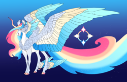 Size: 5100x3300 | Tagged: safe, artist:turnipberry, imported from derpibooru, oc, oc only, oc:prismatic halo, alicorn, pony, blue background, cheek feathers, colored hooves, crooked horn, cutie mark, dewclaw, ethereal mane, eyes closed, female, horn, magical lesbian spawn, mare, multicolored hair, offspring, parent:princess celestia, parent:rainbow dash, parents:dashlestia, rainbow hair, simple background, solo, winged hooves