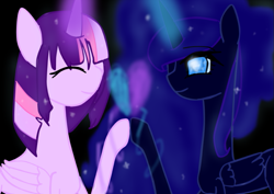 Size: 827x585 | Tagged: safe, artist:maitaniyamaghostmag, imported from derpibooru, twilight sparkle, oc, oc:nyx, alicorn, fanfic:past sins, heart, magic, magic aura, twilight sparkle (alicorn)