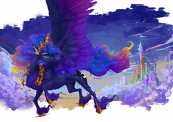 Size: 2576x1817 | Tagged: dead source, safe, artist:maggephah, artist:makkah, imported from derpibooru, princess luna, alicorn, pony, castle, cheek fluff, chest fluff, crown, ear fluff, ethereal mane, female, fluffy, flying, hoof shoes, jewelry, leg fluff, mare, night, regalia, sky, solo, spread wings, starry mane, stars, wings