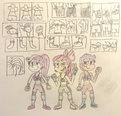 Size: 2835x2718 | Tagged: safe, artist:13mcjunkinm, imported from derpibooru, apple bloom, scootaloo, sweetie belle, human, equestria girls, 2020, 2020s, alternate hairstyle, badass, bandage, bow, boxing shorts, boxing trunks, clothes, comic, compression shorts, confident, cutie mark crusaders, exeron fighters, exeron gloves, fashion montage, female, fingerless gloves, fist, frilled socks, frilly socks, gloves, light skin, martial arts kids outfits, montage, orange eyes, orange skin, peace sign, ponytail, purple eyes, purple hair, red hair, shoes, short hair, shorts, smiling, smirk, sneakers, socks, spaghetti strap, sports bra, sports shorts, traditional art, white skin, yellow skin