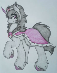 Size: 1683x2158 | Tagged: safe, artist:kitistrasza, imported from derpibooru, king sombra, pony, unicorn, cape, clothes, crown, jewelry, male, reformed sombra, regalia, simple background, solo, stallion, traditional art, watermark, white background