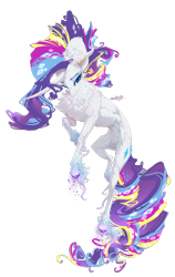 Size: 902x1425 | Tagged: dead source, safe, artist:maggephah, artist:makkah, imported from derpibooru, rarity, classical unicorn, pony, unicorn, body fluff, cloven hooves, colored hooves, curved horn, female, horn, leonine tail, lidded eyes, multicolored hair, rainbow power, signature, simple background, smiling, solo, transparent background, unshorn fetlocks