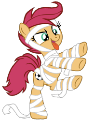 Size: 764x981 | Tagged: safe, artist:optimusv42, imported from derpibooru, patch (g1), earth pony, pony, my little pony tales, bipedal, clothes, costume, fan version, female, field runner, friendship troopers, g1, mummy, mummy costume, my little pony friendship troopers, nightmare night, nightmare night costume, not scootaloo, patch, simple background, solo, standing, standing on one leg, tongue out, transparent background