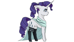 Size: 2920x1668 | Tagged: safe, artist:tillie-tmb, imported from derpibooru, rarity, pony, unicorn, boots, cape, clothes, ear piercing, earring, female, jewelry, knife, mare, piercing, profile, shoes, simple background, socks, solo, white background