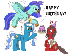 Size: 3164x2431 | Tagged: safe, artist:supahdonarudo, imported from derpibooru, oc, oc only, oc:fleurbelle, oc:ironyoshi, oc:sea lilly, alicorn, classical hippogriff, hippogriff, unicorn, birthday, birthday cake, bow, cake, camera, food, jewelry, necklace, simple background, surprised, transparent background