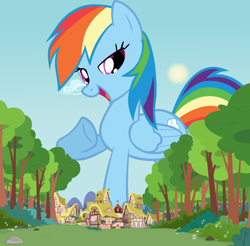 Size: 1280x1262 | Tagged: safe, anonymous editor, artist:shelltoon, imported from derpibooru, rainbow dash, pegasus, pony, attack on pony, female, giant pony, giant rainbow dash, giantess, growth, highrise ponies, macro, mare, mega giant, mega/giant rainbow dash, ponyville, sky, sun