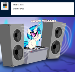 Size: 4622x4450 | Tagged: safe, artist:agkandphotomaker2000, imported from derpibooru, dj pon-3, vinyl scratch, pony, unicorn, tumblr:pony video maker's blog, ask, bass drop, bipedal, cracks, dj booth, dj glasses, female, mare, solo, speaker, speakers, tumblr, vinyl disc, vinyl's glasses