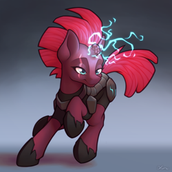 Size: 4000x4000 | Tagged: safe, artist:ohemo, imported from derpibooru, tempest shadow, pony, unicorn, my little pony: the movie, absurd resolution, action pose, armor, broken horn, electricity, eye scar, female, glowing horn, gradient background, horn, looking at you, magic, mare, raised hoof, scar, solo, three quarter view