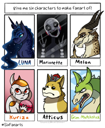 Size: 1104x1339 | Tagged: safe, artist:herakidpatrol, imported from derpibooru, atticus, princess luna, alicorn, anthro, dog, dragon, pony, six fanarts, anthro with ponies, atticus (infinity train), beastars, bust, crossover, cuphead, ethereal mane, female, five nights at freddy's, grim matchstick, infinity train, jewelry, kuriza, male, mare, marionette, melon (beastars), smiling, starry mane, tiara