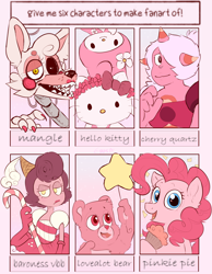 Size: 2048x2638 | Tagged: safe, artist:eggy-b-official, imported from derpibooru, pinkie pie, anthro, bear, cat, earth pony, pony, six fanarts, animatronic, anthro with ponies, baroness von bon bon, bow, bust, care bears, cherry quartz, clothes, cupcake, cuphead, female, five nights at freddy's, food, hair bow, hello kitty, hello kitty (character), kitty white, love-a-lot bear, mangle, mare, my melody, pink, sanrio, smiling, steven universe