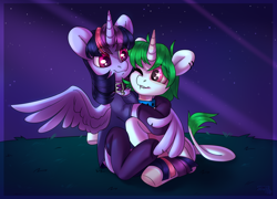 Size: 2592x1869 | Tagged: safe, artist:sugarstar, imported from derpibooru, twilight sparkle, oc, oc:sugarstar, alicorn, pony, unicorn, descended twilight, canon x oc, chest fluff, clothes, collar, cuddling, cute, ear piercing, earring, fangs, female, horn, hug, jewelry, leonine tail, looking at each other, mare, night, night sky, one eye closed, piercing, rcf community, shirt, side hug, sitting, sky, smiling, socks, spread wings, starry eyes, thigh highs, twilight sparkle (alicorn), wingding eyes, winghug, wings