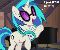 Size: 1296x1080 | Tagged: safe, edit, edited screencap, imported from derpibooru, screencap, dj pon-3, vinyl scratch, slice of life (episode), cropped, cute, headphones, musical instrument, piano, pun, sunglasses, talking, vinylbetes