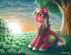 Size: 1024x791 | Tagged: safe, artist:sonicsweeti, imported from derpibooru, big macintosh, earth pony, pony, apple, apple tree, commission, cutie mark, digital art, food, male, scenery, sitting, solo, stallion, sunset, tree