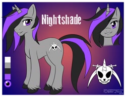 Size: 1280x989 | Tagged: safe, artist:sonicsweeti, imported from derpibooru, oc, oc only, oc:nightshade, pony, unicorn, commission, cutie mark, digital art, horn, looking at you, male, reference sheet, solo, stallion