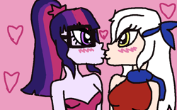 Size: 810x502 | Tagged: safe, artist:cutiekittehmeow, imported from derpibooru, sci-twi, twilight sparkle, human, equestria girls, blushing, couple, crossover, crossover shipping, female, fire emblem, heart, kissing, lesbian, micaiah, micaiahtwi, pink background, shipping, simple background