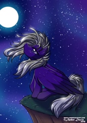 Size: 905x1280 | Tagged: safe, artist:sonicsweeti, imported from derpibooru, oc, oc only, oc:moonflare, pegasus, pony, digital art, large wings, moon, night, sitting, solo, stars, wings