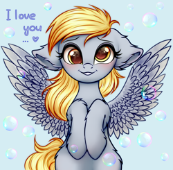 Size: 2040x2000 | Tagged: safe, artist:mite-lime, artist:mite_lime, imported from derpibooru, derpy hooves, pegasus, pony, blushing, bronybait, bubble, cute, derpabetes, dialogue, ear fluff, female, floppy ears, heart, high res, hooves to the chest, i love you, leg fluff, looking at you, mare, simple background, smiling, solo, wings