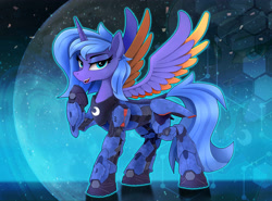 Size: 4400x3260 | Tagged: safe, artist:nekokevin, artist:yakovlev-vad, imported from derpibooru, princess luna, alicorn, pony, armor, female, high res, lidded eyes, looking at you, mare, open mouth, raised hoof, s1 luna, solo, spread wings, style emulation, wings, zoom layer