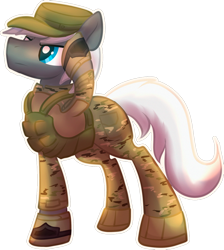 Size: 1024x1144 | Tagged: safe, artist:amura-of-jupiter, artist:tiothebeetle, imported from derpibooru, oc, oc only, armor, armored pony, blue eyes, boots, camouflage, combat boots, commission, gray coat, hat, looking up, male, military, military hat, military uniform, salute, serious, shoes, simple background, sticker, transparent background, white mane