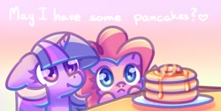 Size: 2604x1310 | Tagged: safe, artist:musicfirewind, artist:wavecipher, imported from derpibooru, pinkie pie, twilight sparkle, earth pony, pony, unicorn, cute, diapinkes, duo, floppy ears, food, pancakes, talking to viewer, twiabetes, unicorn twilight