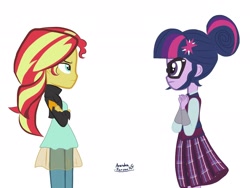 Size: 2048x1536 | Tagged: safe, artist:arandomperson44, imported from derpibooru, sci-twi, sunset shimmer, twilight sparkle, equestria girls, friendship games, clothes, confrontation, crystal prep academy uniform, duo, female, school uniform, simple background, white background