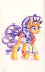 Size: 684x1096 | Tagged: safe, artist:maytee, imported from derpibooru, saffron masala, pony, unicorn, bracelet, clothes, colored pencil drawing, female, jewelry, mare, simple background, solo, traditional art