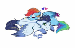 Size: 696x445 | Tagged: safe, artist:snowballflo, imported from derpibooru, rainbow dash, soarin', pegasus, pony, colored wings, cute, eyes closed, female, floppy ears, heart, lying on top of someone, male, mare, one eye closed, pony pillow, prone, shipping, simple background, soarindash, stallion, straight, tail feathers, unshorn fetlocks, white background, wings