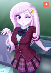 Size: 707x1000 | Tagged: safe, artist:uotapo, imported from derpibooru, fleur-de-lis, equestria girls, friendship games, adorasexy, barrette, beautiful, beautisexy, blowing a kiss, blushing, bow, breasts, busty fleur-de-lis, clothes, crystal prep academy uniform, cute, cutie mark accessory, eyelashes, eyeshadow, female, fleurabetes, flirting, leggings, lips, looking at you, makeup, miss fleur is trying to seduce us, one eye closed, patreon, patreon logo, plaid skirt, pleated skirt, school uniform, schoolgirl, sexy, skirt, solo, wink