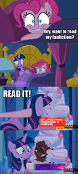 Size: 486x1080 | Tagged: safe, edit, edited screencap, editor:shyinka, imported from derpibooru, screencap, pinkie pie, twilight sparkle, alicorn, earth pony, pony, cakes for the memories, spoiler:cakes for the memories, spoiler:mlp friendship is forever, caption, exploitable meme, faic, fanfic, image macro, meme, text, twilight sparkle (alicorn)