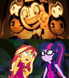 Size: 1920x2160 | Tagged: safe, edit, imported from derpibooru, screencap, sci-twi, sunset shimmer, twilight sparkle, equestria girls, equestria girls series, spring breakdown, 3d, bendy, bendy and the ink machine, creepy, crossover, joey drew studios, nightmare fuel, pacman eyes, scared, shrunken pupils, source filmmaker, teeth, themeatly