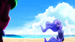 Size: 3840x2160 | Tagged: safe, artist:zvn, imported from derpibooru, princess celestia, princess luna, alicorn, pony, beach, cloud, crying, duo, female, looking back, mare, royal sisters, sad, sitting, sky, solo focus