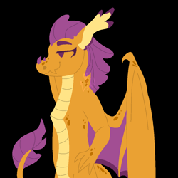 Size: 1000x1000 | Tagged: safe, artist:lepiswerid, imported from derpibooru, smolder, dragon, bat wings, black background, claws, deviantart, female, marsverse, older, older smolder, redesign, scales, simple background, smiling, smug, solo, tail, wings