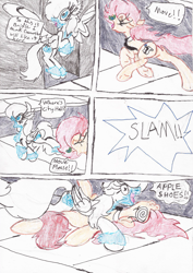 Size: 1544x2184 | Tagged: safe, artist:wyren367, imported from derpibooru, oc, oc:politica segreta, oc:snowbelle, earth pony, pegasus, pony, comic:politica's rebound, chest fluff, collar, colored pencil drawing, comic, eyes closed, female, flying, glasses, laying on stomach, necktie, on back, outdoors, prone, road, running, running late, sidewalk, spread wings, traditional art, unshorn fetlocks, wings, yelling