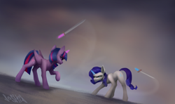 Size: 5105x3012 | Tagged: safe, artist:dashid, imported from derpibooru, rarity, twilight sparkle, alicorn, unicorn, absurd resolution, duel, female, glowing horn, horn, magic, mare, sword, sword fight, swordfight, telekinesis, twilight sparkle (alicorn), weapon