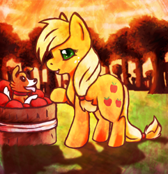 Size: 1752x1816 | Tagged: safe, artist:arkay9, imported from derpibooru, applejack, winona, dog, earth pony, pony, apple, cute, duo, female, food, hatless, jackabetes, mare, missing accessory, profile, smiling, tongue out