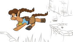 Size: 1185x685 | Tagged: safe, artist:jargon scott, imported from derpibooru, pony, bag, boots, lara croft, ponified, ponytail, saddle bag, shoes, simple background, solo, spikes, squatpony, tomb raider