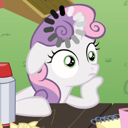 Size: 500x500 | Tagged: safe, edit, edited screencap, imported from derpibooru, screencap, sweetie belle, pony, ponyville confidential, cropped, exploitable meme, female, loading, loading cat, meme, obligatory pony, solo, sudden clarity sweetie belle