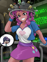 Size: 1536x2048 | Tagged: safe, artist:qzygugu, imported from derpibooru, pinkie pie, sci-twi, twilight sparkle, equestria girls, feeling pinkie keen, ..., clothes, equestria girls interpretation, female, human coloration, machinery, scene interpretation, science, science lab, skirt, smiling, starry eyes, system failure, teardrop, twilight's lab, wingding eyes