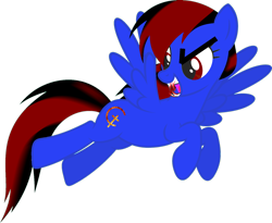 Size: 1600x1312 | Tagged: artist needed, safe, imported from derpibooru, oc, oc only, oc:harthbinger, pegasus, pony, black, blood, blue, blue fur, blue wings, cutie mark, evil, evil grin, fangs, female, fire, flying, grin, mane, mare, oc villain, pegasus oc, red, red eyes, simple background, smiling, solo, tail, transparent background, wings