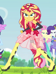 Size: 736x973 | Tagged: safe, imported from derpibooru, screencap, fluttershy, rarity, sunset shimmer, cheer you on, equestria girls, equestria girls series, spoiler:eqg series (season 2), cropped, female, sleeveless, smiling, super ponied up