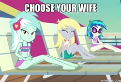 Size: 600x405 | Tagged: safe, edit, edited edit, edited screencap, imported from derpibooru, screencap, derpy hooves, dj pon-3, lyra heartstrings, vinyl scratch, equestria girls, spring breakdown, caption, choose your wife, clothes, feet, female, flip-flops, image macro, memeful.com, one-piece swimsuit, sunglasses, swimsuit, text, tricolor swimsuit, trio, trio female