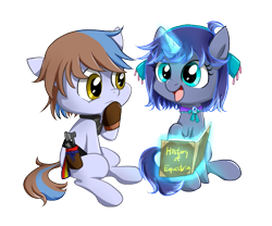 Size: 715x594 | Tagged: safe, artist:ce2438, imported from derpibooru, oc, oc:moonlight toccata, oc:northern mist, earth pony, unicorn, blue coat, book, bronze eyes, brown mane, colt, cute, cyan eyes, female, filly, male, nordic, pillar, purple mane