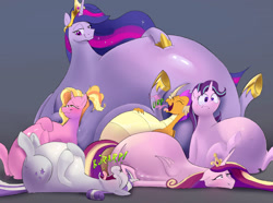 Size: 2541x1893 | Tagged: safe, artist:princebluemoon3, color edit, colorist:xbi, edit, editor:xbi, imported from derpibooru, luster dawn, princess cadance, smolder, starlight glimmer, twilight sparkle, twilight velvet, alicorn, dragon, pony, unicorn, the last problem, abstract background, belly, belly button, burp, chubby glimmer, colored, digital art, digitally colored, fat, fat smolder, fire, fire breath, gold, hoof on belly, huge belly, impossibly large belly, larder dawn, mixed media, morbidly obese, obese, older, older twilight, on back, princess decadence, princess twilight 2.0, prone, sblobder, sitting, starlard glimmer, stuffed, traditional art, twilard sparkle, twilard velvet, twilight sparkle (alicorn)