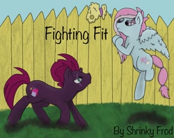 Size: 2505x1986 | Tagged: safe, artist:snow quill, imported from derpibooru, fizzlepop berrytwist, kerfuffle, tempest shadow, pegasus, pony, unicorn, amputee, broken horn, cover art, duo, eye scar, fence, fighting stance, flying, horn, scar, story in the source