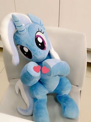 Size: 768x1024 | Tagged: safe, artist:nekokevin, imported from derpibooru, trixie, pony, unicorn, chair, female, heart, hooves together, irl, looking at you, mare, photo, plushie, sitting, smiling, solo, underhoof